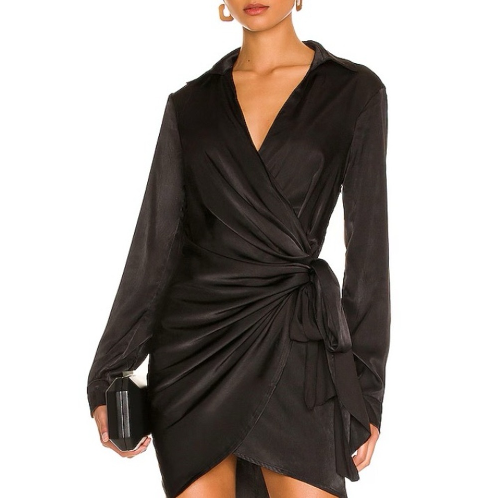 Superdown Black Cocktail Dress with Notched Collar and Slit